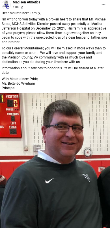 Heartbreaking news out of Madison County this morning as the school announces that first-year athletic director Michael Sacra passed away over the weekend. Thoughts and prayers for the entire MCHS community during this rough time period.
