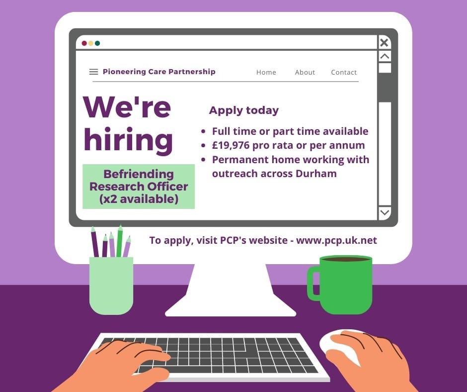 PioneeringCare's tweet photo. 📣 We are seeking two Befriending Research Officers to join our Mental Health Services team! 

PCP is set to deliver multiple research projects with the Mental Health and Learning Disability Partnership Board. 

Apply at https://t.co/wYZgTz2Usv https://t.co/LnTSRhfoDu