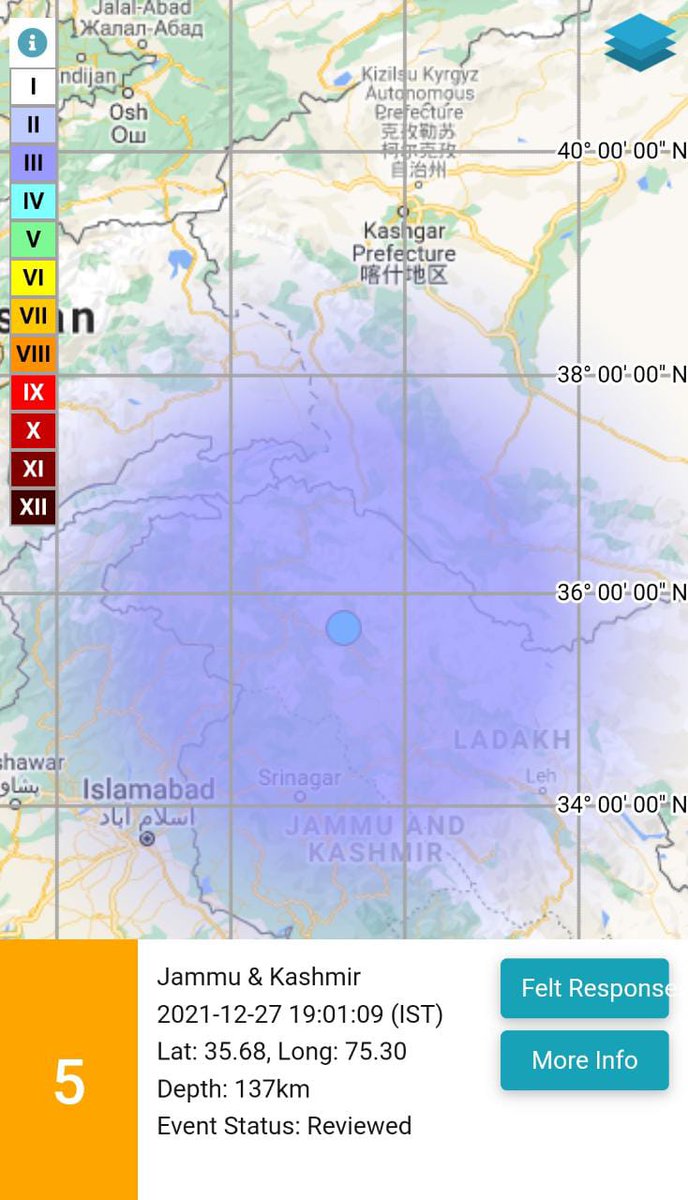 ExpressKargil's tweet photo. 𝙇𝙖𝙩𝙚𝙨𝙩 𝙀𝙖𝙧𝙩𝙝𝙦𝙪𝙖𝙠𝙚 𝙍𝙚𝙥𝙤𝙧𝙩:
Magnitude: 5
Time: 19:09:01 IST
Epicenter: 35:68 N, 75:31E
Region: J&amp;K
Intensity: Moderate
Source: NCS, New Delhi
@metsrinagar @LehCentre @lg_ladakh https://t.co/qJw0z5udhD
