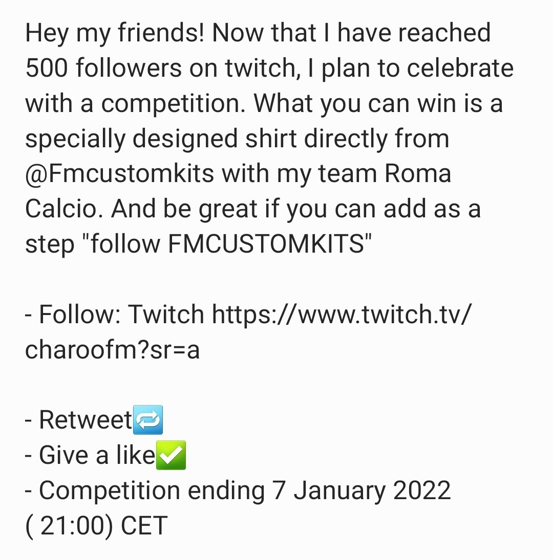 CharooFM (@charoofm) on Twitter photo Read my Screenshoot
👇
GIVEAWAY
- Retweet🔁
- Give a like✅
- Follow my twitch.tv/charoofm?sr=a
- Competition ending 7 January 2022 21:00 CET🏆
<a href="/fmcustomkits/">FMCustomKits</a>
<a href="/FootballManager/">Football Manager</a> #FM22 #footballmanager2022 #footballmanager22 Read my Screenshoot
👇
GIVEAWAY
- Retweet🔁
- Give a like✅
- Follow my twitch.tv/charoofm?sr=a
- Competition ending 7 January 2022 21:00 CET🏆
<a href="/fmcustomkits/">FMCustomKits</a>
<a href="/FootballManager/">Football Manager</a> #FM22 #footballmanager2022 #footballmanager22