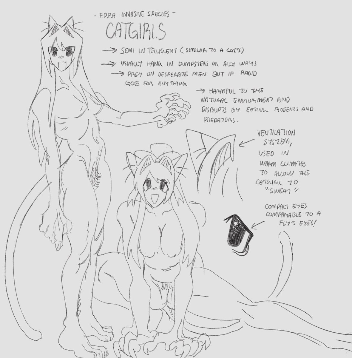Catgirl monster concept! They're an invasive species and are classified as "insects" and their exoskeletons resemble soft skin. Their "hair" is actually setae and is highly toxic (can cause hives and allergic reactions) 