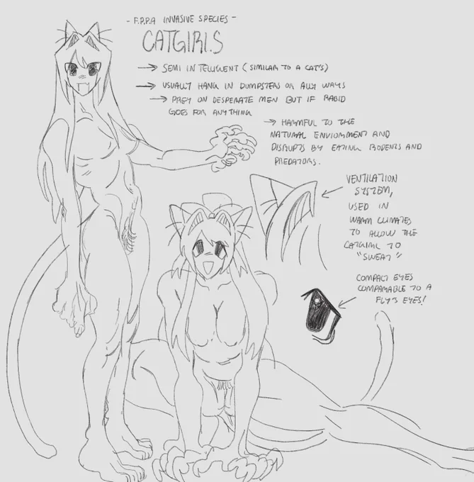 Catgirl monster concept! They're an invasive species and are classified as "insects" and their exoskeletons resemble soft skin. Their "hair" is actually setae and is highly toxic (can cause hives and allergic reactions) 