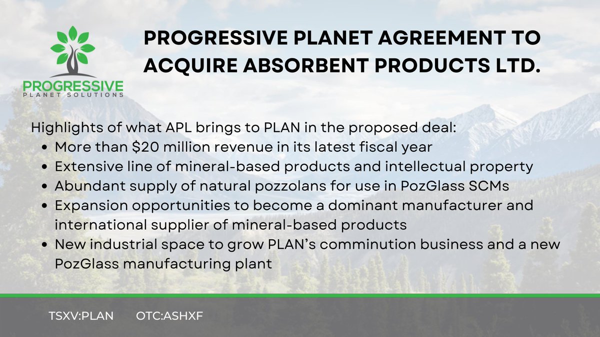 progressiveplan's tweet photo. Did you see our big news? 

Progressive Planet Reaches Definitive Share Purchase Agreement to Acquire Absorbent Products Ltd.

Combined Entities Create Huge Pozzolan Player and International Supplier of Mineral Based Product Lines https://t.co/i7fzZksguf https://t.co/JQpHCkqaXW