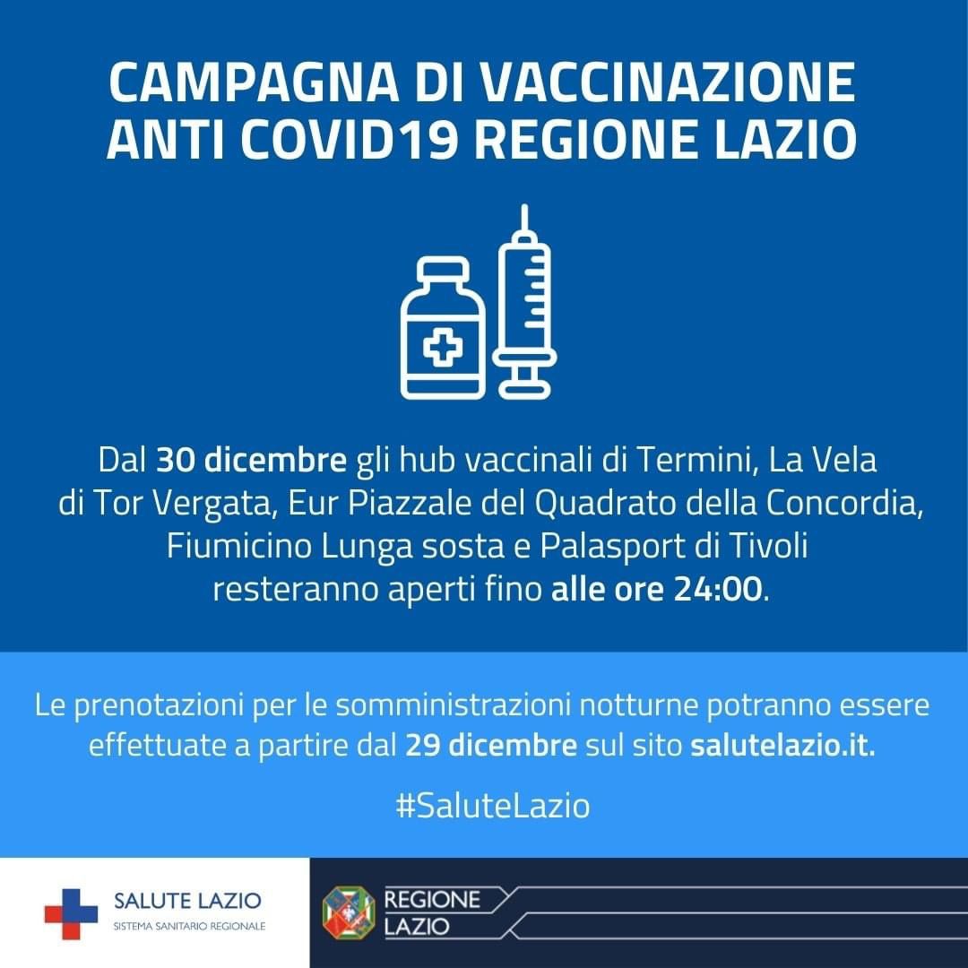 RegioneLazio's tweet photo. #Covid19: Dal 30/12/21 gli hub di Termini, La Vela di Tor Vergata, Eur Piazzale del Quadrato della Concordia, Fiumicino Lunga sosta e Palasport di Tivoli saranno aperti fino alle 24:00. 
Prenotazioni e somministrazioni notturne a partire dal 29/12/21
https://t.co/yUTHi49Od8 https://t.co/gmVe0JFhU5