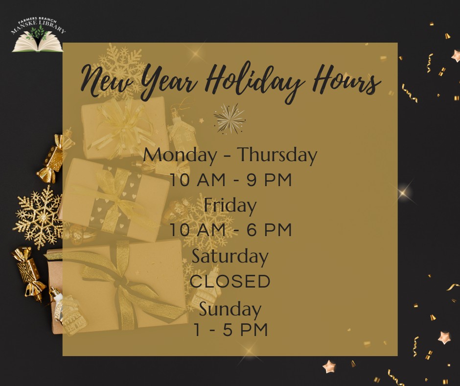 ManskeLibrary's tweet photo. 2022 is approaching fast and the Library will be closed on New Year's Day! The holiday schedule will be as shown.

Don't forget that you can access eBooks &amp; More 24/7 through our digital library options from home!

Happy New Year from the Manske Library! https://t.co/45xi4jWAOd