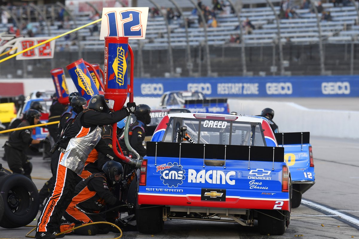 GMSRacingLLC's tweet photo. As 2021 comes to a close, we thought we'd end the year with a trip down memory lane.
Our first win of the season came in the #LiftKits4Less200 at @TooToughToTame, where a hungry @SheldonCreed charged to the front on a late restart to take the checkered flag!
#WeAreGMS | #NASCAR https://t.co/Urs5s36YCA