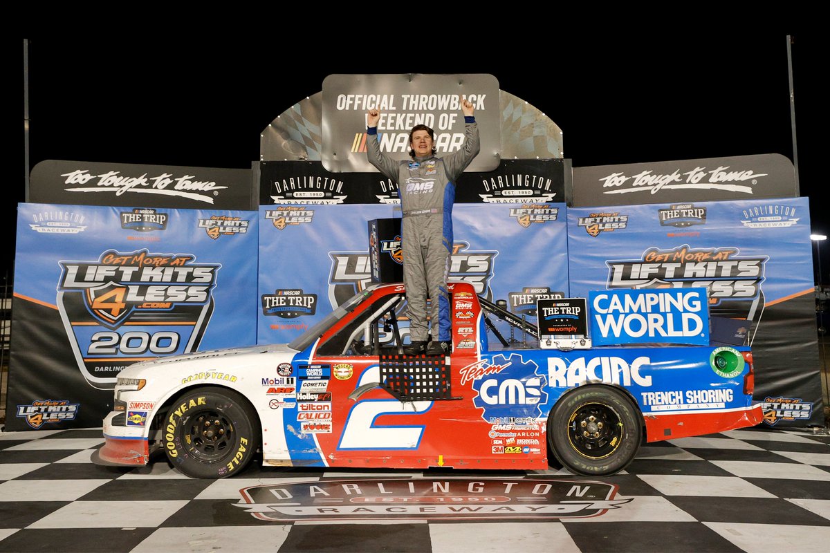 GMSRacingLLC's tweet photo. As 2021 comes to a close, we thought we'd end the year with a trip down memory lane.
Our first win of the season came in the #LiftKits4Less200 at @TooToughToTame, where a hungry @SheldonCreed charged to the front on a late restart to take the checkered flag!
#WeAreGMS | #NASCAR https://t.co/Urs5s36YCA