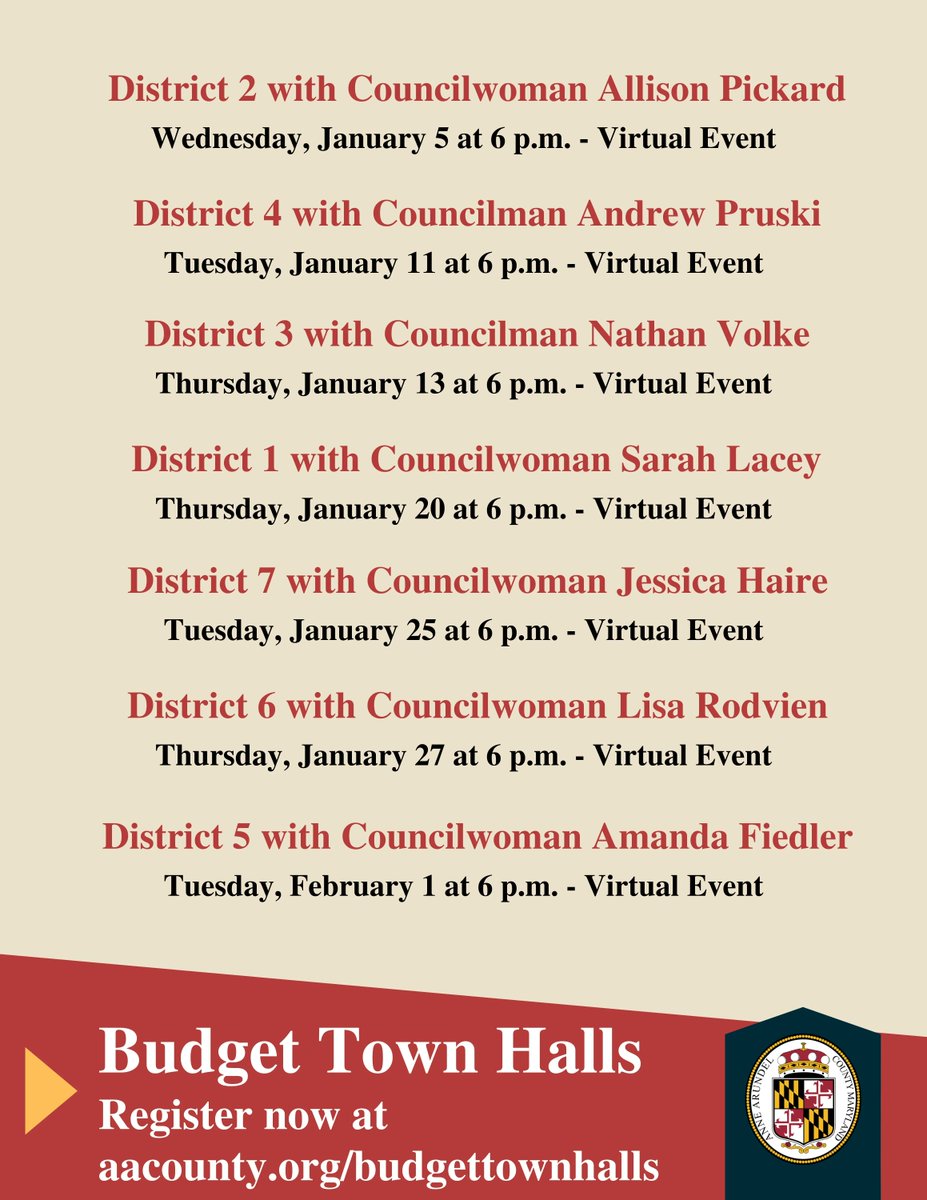 Due to the surge in COVID cases and hospitalizations, for the health and safety of our residents we have made the decision to switch our upcoming Budget Town Halls to virtual events. Register to join us and let us know what you wanted funded in the budget: aacounty.org/budgettownhalls