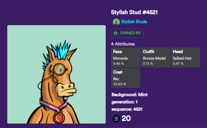 YatMaxi's tweet photo. I was watching this #stylishstud on #Solanart for a while now, but @ 20 SOL it wasn't exactly cheap
But as stud sales started π on #MagicEden today, I knew I shouldn't wait any longer
Going to breed with my rank 266 #finefilly for my first S- racing horse!
@photofinishgame https://t.co/re35KAnyp5