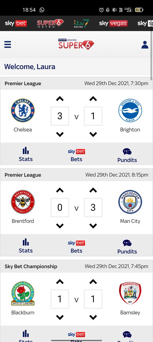 tnarGaruaL's tweet photo. @Super6 I've made my Soccer Saturday Super 6 predictions for the week. Chelsea 3-1 Brighton, Brentford 0-3 Man City, Blackburn 1-1 Barnsley, Blackpool 1-2 Middlesbrough, Rotherham 2-0 Lincoln City, Shrewsbury 1-2 Accrington Stanley. https://t.co/1Na17n5LqM