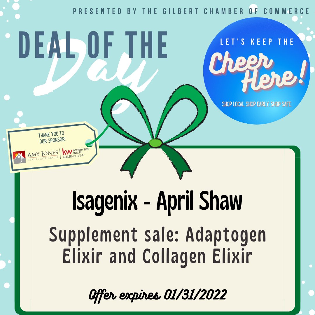 GilbertChamber's tweet photo. Isagenix - April Shaw brings us our Cheer Here deal of the day! Get the details at https://t.co/kxb1gD5EF4.

❄️ Thank you to Amy Jones Real Estate Group for sponsoring this campaign!

#ShopLocal #TheChamberIs #LoveLocalGilbert https://t.co/k4BQeWxVOv