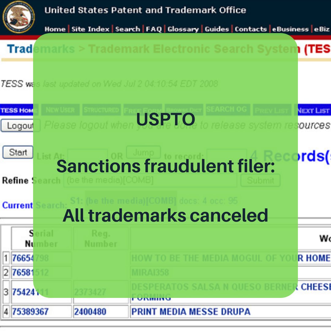 aeonlaw's tweet image. USPTO
Sanctions fraudulent filer:
All trademarks canceled

#applicationfiling #trademarkapplications #USPTOrules #USPTOtermsofuse #Chinesetrademarkapplication #Chinesetrademark #Chineseapplicants #Huanyee #IgnoranceoftheLawisNOExcuse 

Read more at:
aeonlaw.com/blog/2021/12/2…