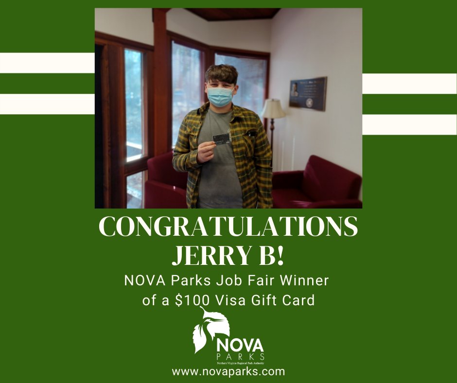 Congratulations to Jerry B! He won a $100 Visa Gift Card at our NOVA Parks Job Fair.

Check out all our amazing opportunities at NOVA Parks!

Jobs: ow.ly/RFBU50Hjy9W

#nowhiring #workhere #novaparks