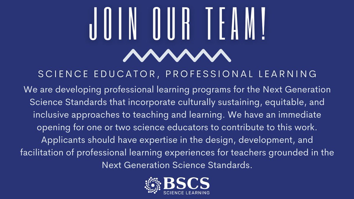 We have an opportunity to join our awesome team at BSCS Science Learning! Click here to learn more and how to apply: bit.ly/3IYIRkW #SciEdJob #SciEd #NGSS #NGSSchat #ProfessionalLearning