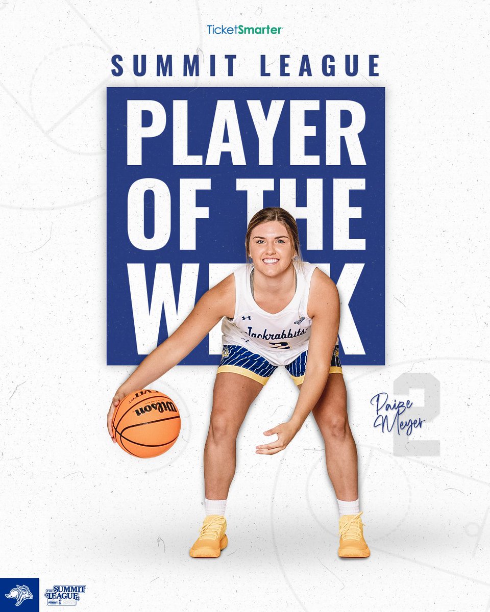 GoJacksWBB's tweet photo. Paige Meyer did a little bit (okay, 𝗮 𝗟𝗢𝗧) of everything for us in her first two games of conference action! She's the TicketSmarter Summit League 𝗣𝗹𝗮𝘆𝗲𝗿 𝗼𝗳 𝘁𝗵𝗲 𝗪𝗲𝗲𝗸! 💪

📊 16.5 PPG, 6.5 RPG, 6.5 APG, 2.0 SPG

📰» https://t.co/0tASsvnEgL | #GoJacks 🐰 https://t.co/ANEENu2725