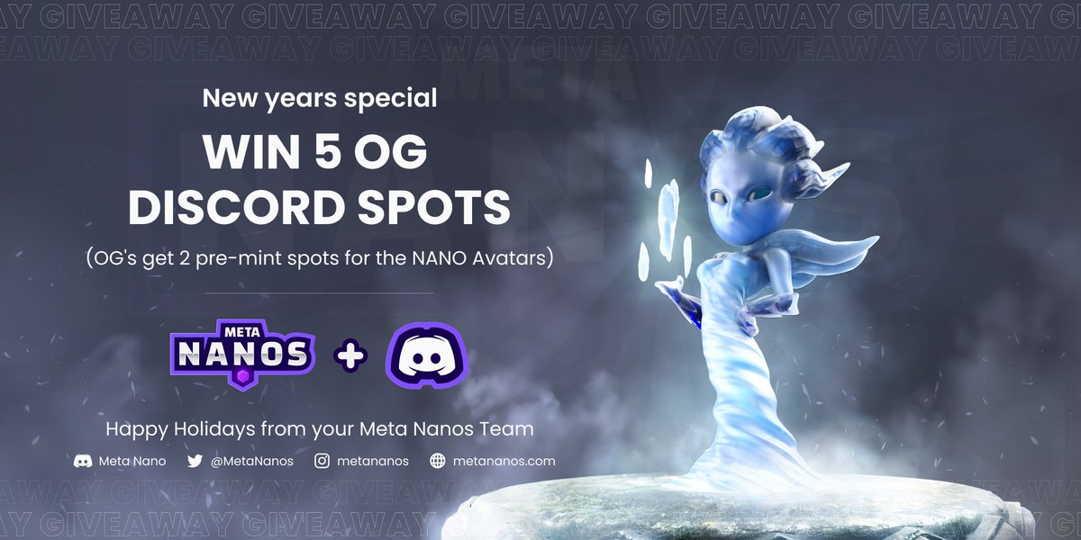 MetaNanos's tweet photo. You didn't think we would start the new year without giving you something back!? OG Spots guarantee you 2 early mints for NANO NFTs! Be one of 5 lucky winners 💎

TO ENTER:

1. Follow
2. Like + RT 
3. Tag a friend

Winners will be announced on Discord (03.01.2022)

#P2E #nftart https://t.co/NEYyYi853Z