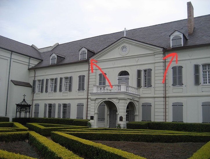ghost_maps's tweet photo. The shuttered windows on the third floor of the Old Ursuline Convent - #NewOrleans’ oldest building - have given rise to a legend of vampires residing there - locked inside the attic with nails blessed by the Pope himself. #NOLA #folklore #ghosts #paranormal   #legends #maps https://t.co/NRYDoe2stM