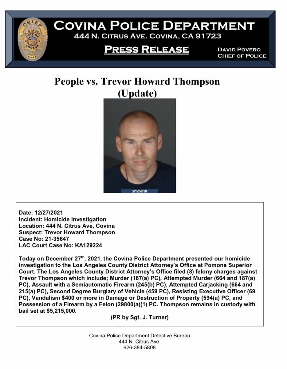covinapd's tweet photo. 🚨UPDATE!🚨
The Covina Police Department presented our homicide investigation to the Los Angeles District Attorney’s Office. Filing 8 felony charges against Trevor Thompson. https://t.co/37rnQYoQAr