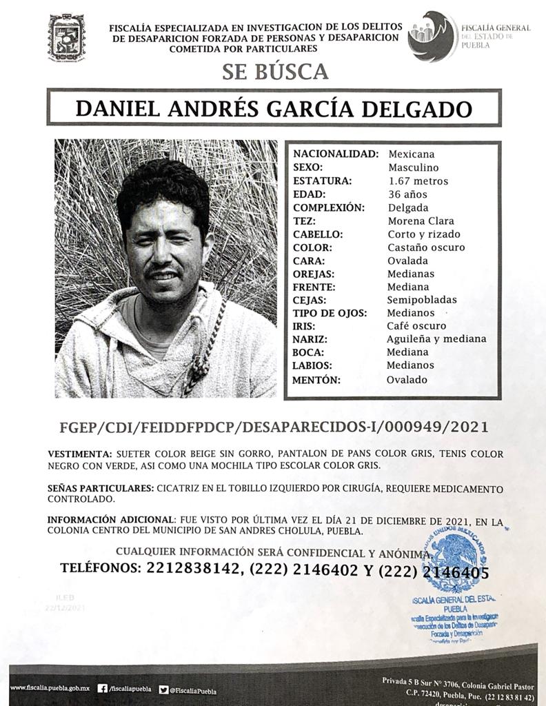 laredcincoradio's tweet image. 🔴 Urge encontrar a Daniel Andrés García Delgado de 36 años de edad, visto por ultima vez el 21 de diciembre en la colonia Centro del municipio de San Andrés Cholula, #Puebla. Comunicarse al 2212838142 o 2222146402. #LaRedCincoRadio