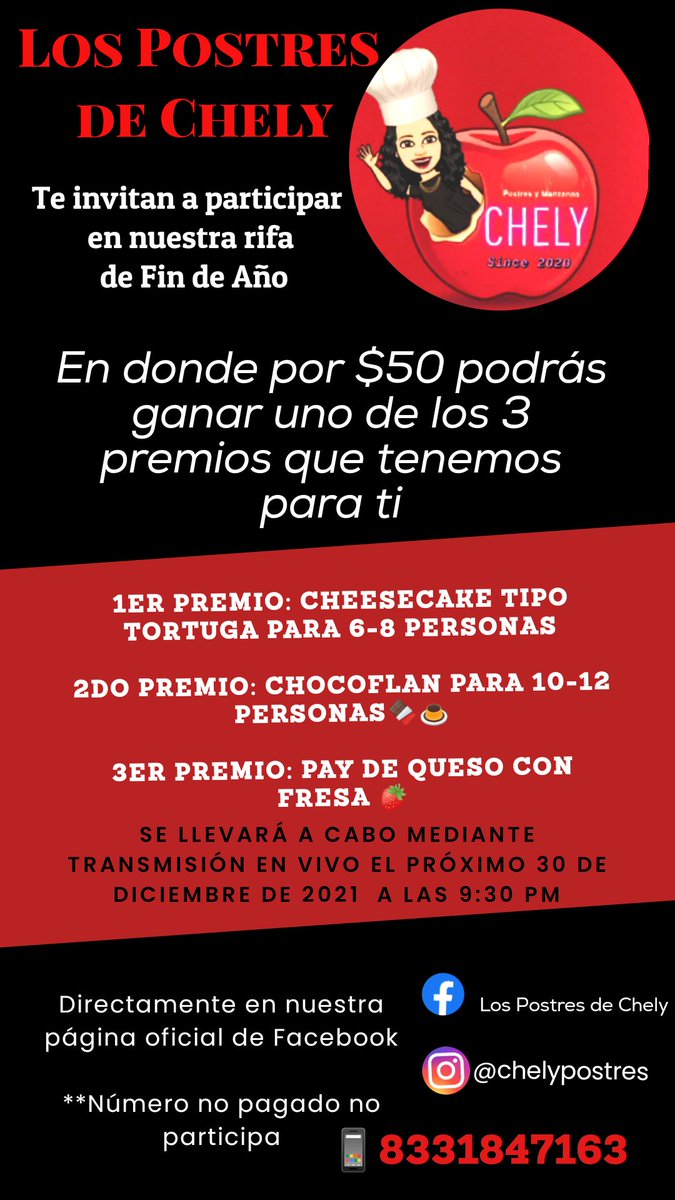PostresDeChely's tweet photo. Holaa!!! Te invitamos a participar en nuestra rifa de fin de año en donde podrás ganar uno de los 3 premios que tenemos para ti!!! Checa la publicación original y anímate a participar 😃🎊

https://t.co/meSPBkO9DQ

#Tampico
#Madero
#Altamira
#postres 
#rifa
#suerte 
#adios2021 https://t.co/36lE6L5CxP