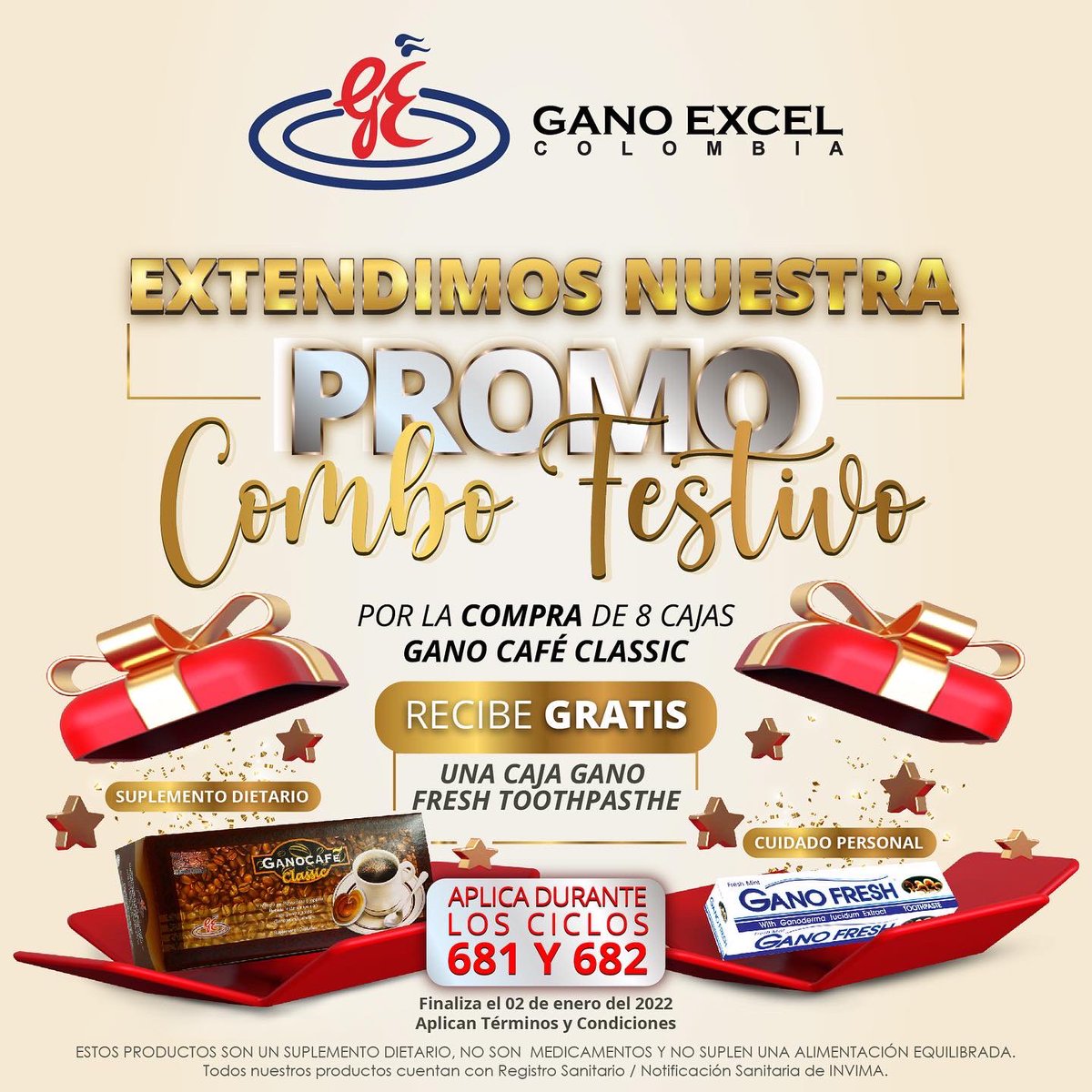 EXTENDIMOS nuestra Promo combo festivo 🎄
Por la compra de 8 cajas de ganó café Classic recibe GRATIS una caja de gano fresh toothpasthe.

Aplica durante los ciclos 681 y 682 (finaliza el 2 de enero de 2022)

Aprovecha esta gran promoción ❤️💎

.
#ganoworld #ganoexceloficial