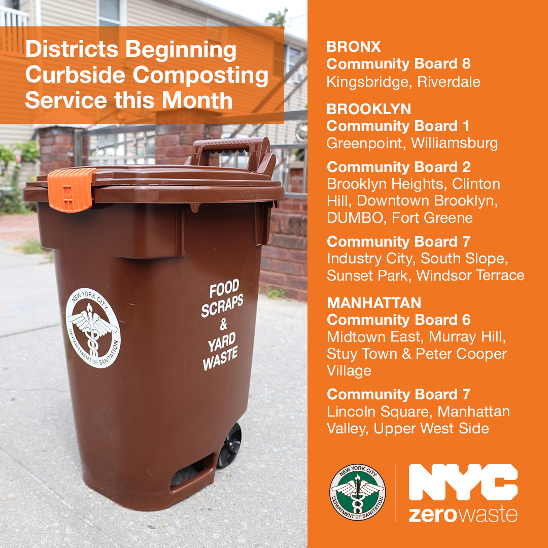 NYCzerowaste's tweet image. We started Curbside Composting service in six new districts this month! Are you in one of these neighborhoods? Tell your friends and neighbors to sign up at nyc.gov/curbsidecompos…! #MakeCompostNotTrash