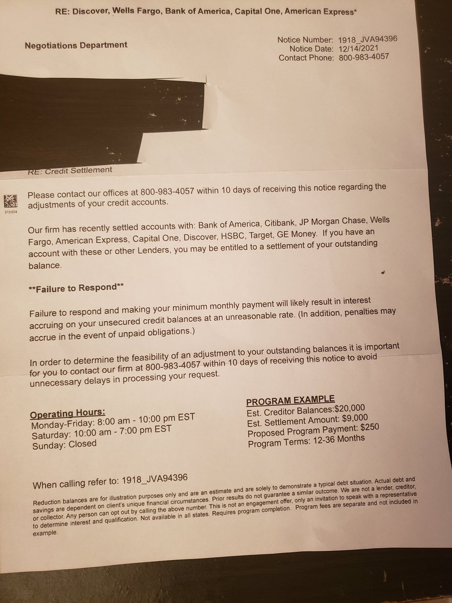 Negotiations Department-scammers sent a letter to the wrong person. They really need to try their hands at legitimately working.  The fake address is located in Dover, Delaware; while the postmark says Illinois.  I have NO affiliation with any of the Lenders. My,my!
