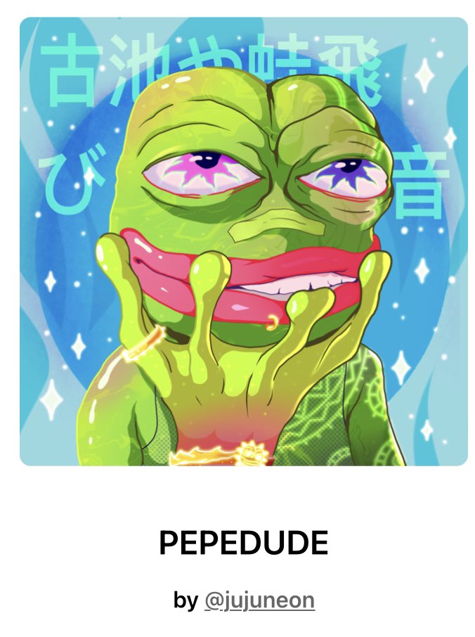 jujuneon's tweet photo. It was a wonderful day! My first sell on @withFND 

Thank you @jaggedsoft ✨ I hope you will enjoy this Pepe 

#pepethefrog #NFTCommmunity #FrogFam https://t.co/8gOveGjWTX
