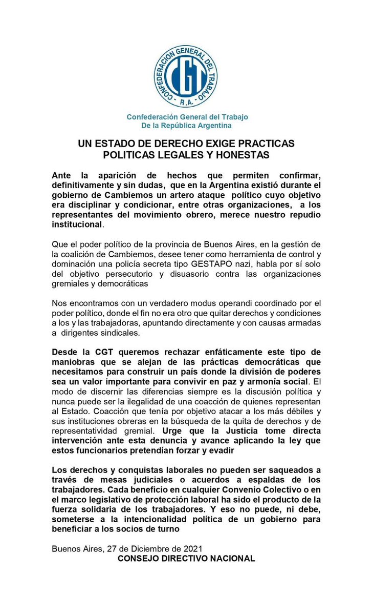sasia_sergio's tweet photo. Siempre los mismos sectores que pretenden atropellan los derechos de la clase trabajadora y sus organizaciones gremiales.
#Gestapo 
Comunicado #CGT https://t.co/qSC8C7MWEP