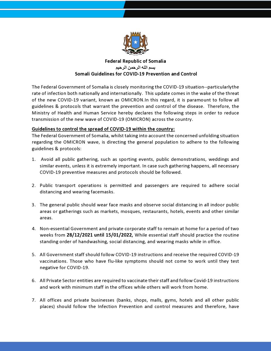 MoH_Somalia's tweet photo. The FGS has issued official COVID-19 (Omicron Variant) Prevention &amp; Control guidelines in order 2 safeguard public from threat of COVID19, the public should adopt the worldwide measures for COVID19 infection prevention and control, as recommended by the Ministry of Health. https://t.co/JbgMcYqlul