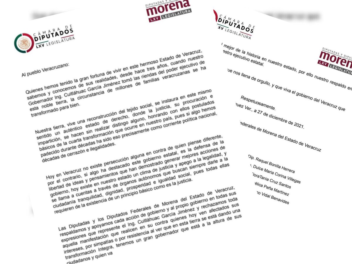 jornadaveracruz's tweet photo. Diputados federales de MOREMA que integran la 65 legislatura del Congreso de la Unión, emitieron un comunicado dirigido al pueblo de Veracruz dónde resaltan y respaldan el trabajo del gobernador Cuitláhuac García Jiménez. 👇

https://t.co/WNndxWOAi9 https://t.co/8cdppQmVmi