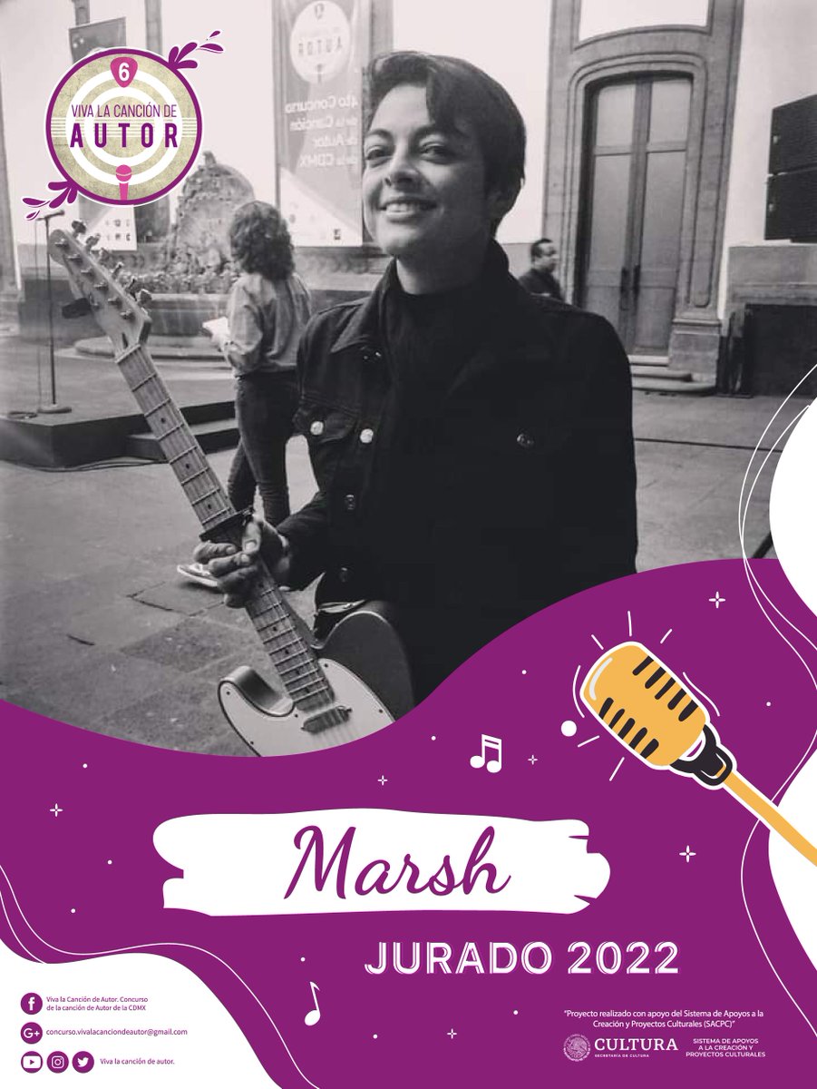 ⭐<a href="/MarshMusica/">Marsh</a> | JURADO #VivaLaCancionDeAutor 2022

🎵CONVOCATORIA  #cantautores
💥Premiación Especial: 1°, 2° y 3°  Lugar
➡ Consulta las bases: bit.ly/3cJyylO

*Proyecto realizado con apoyo <a href="/SistemaCreacion/">Sistema de Apoyos a la Creación</a> 

#cantautora #trovador #cantautor #musico #SACM #songwriting