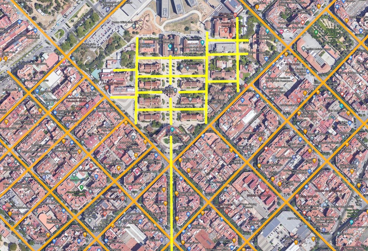 efemarq's tweet photo. Una pregunta recurrent sobre l'Hospital de Sant #Pau és: perquè #Domènech no va seguir la trama de l'#Eixample? perquè els pavellons estan girats 45 graus respecte a la trama de Cerdà? I perquè l'#Avinguda de Gaudí segueix la orientació de l'Hospital i talla les illes pel mig? https://t.co/7h40khrOv7