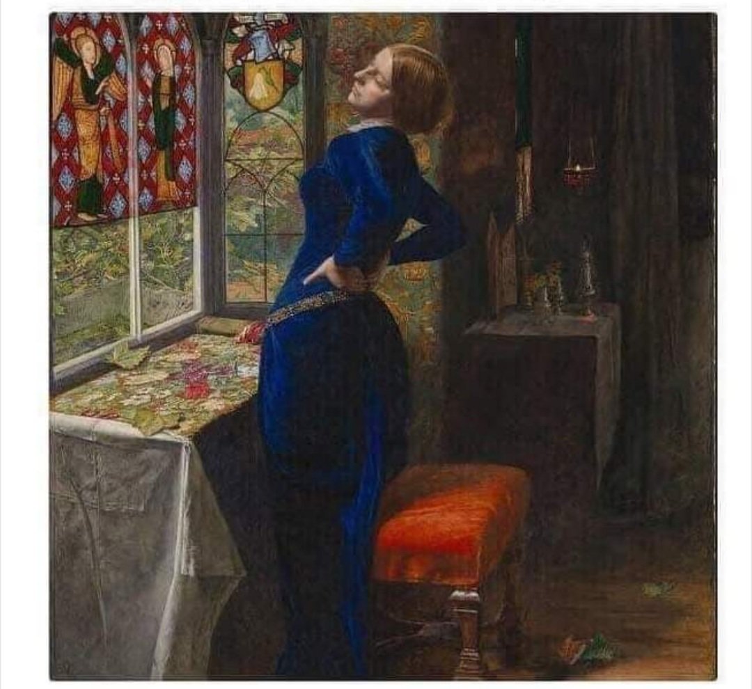 Mujer que se levanta de teletrabajar en la mierda de silla que tiene en casa óleo sobre lienzo.