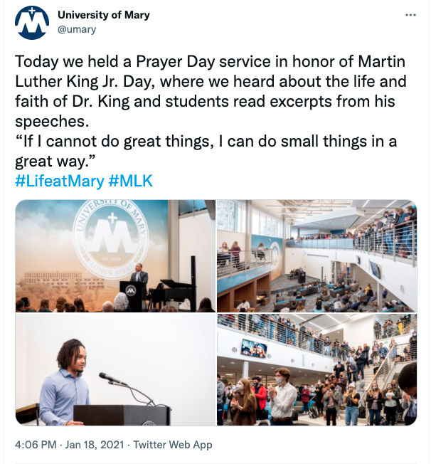 umary's tweet photo. Our fifth most popular tweet in 2021 was from Martin Luther King, Jr. Day, featuring students from @umarybsu #LifeatMary https://t.co/fAeCDADT0s