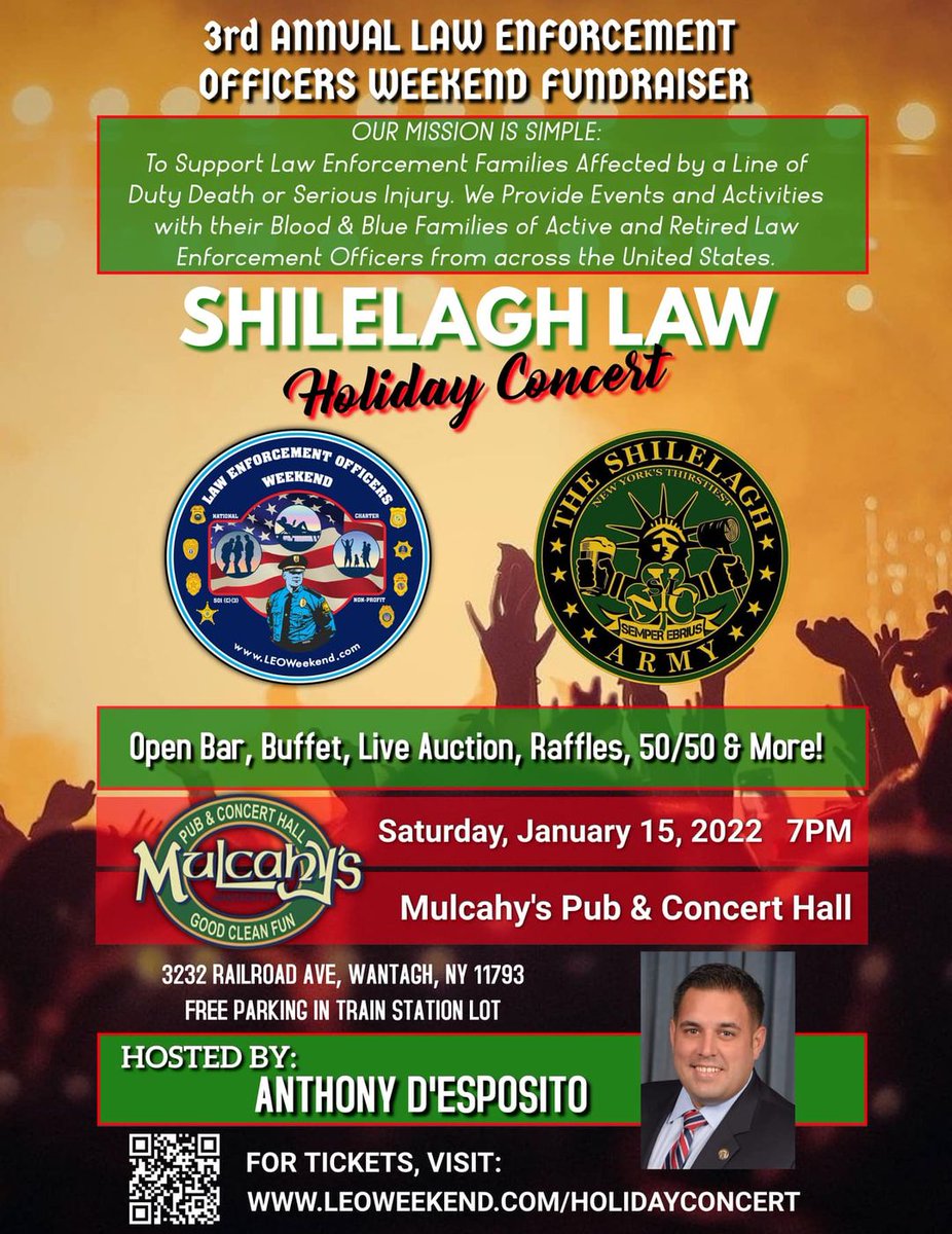 ANTHONYDESPO's tweet photo. Since inception, @leoweekend has provided love, financial support, amazing getaways &amp; more to #firstresponders across🌎.
Proud to be part of mission &amp; host @leoweekend #HolidayShow feat @shilelaghlaw @MulcahysPub.
Join me on 1/15 &amp; help me welcome #ShilelaghArmy @HempsteadTown. https://t.co/rPH38ytles