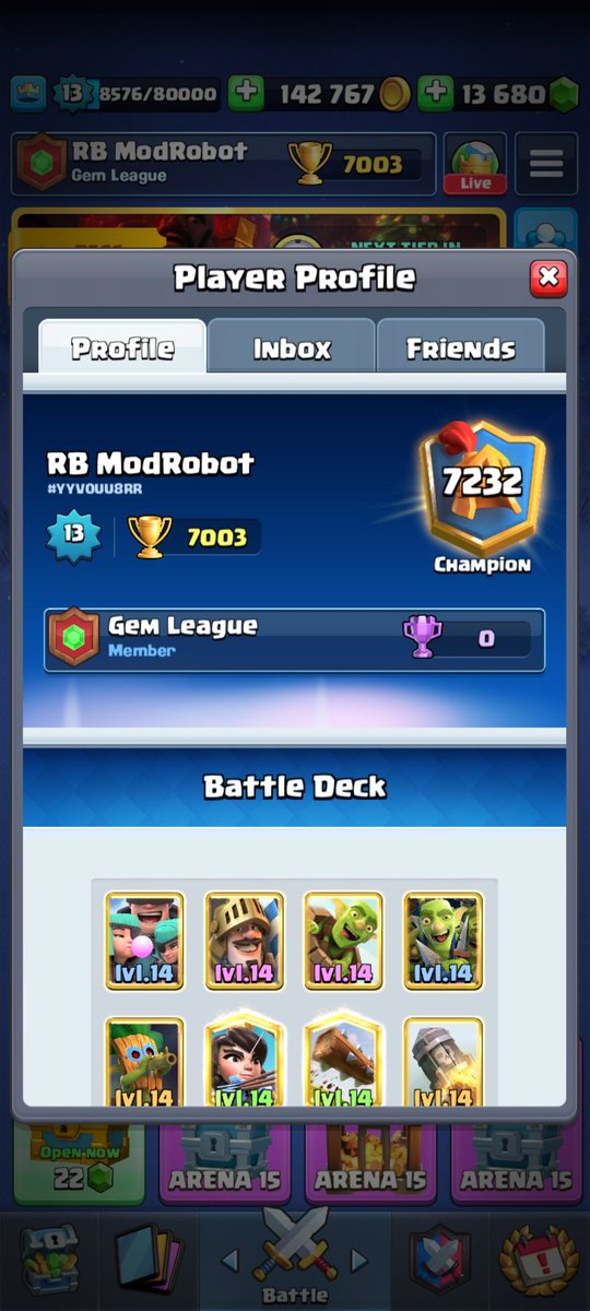 7k ✔
It took me awhile to get used to this deck but now I feel comfortable using it. Should I go higher?
Won our <a href="/GemLeagueCr/">GemLeague</a> match btw