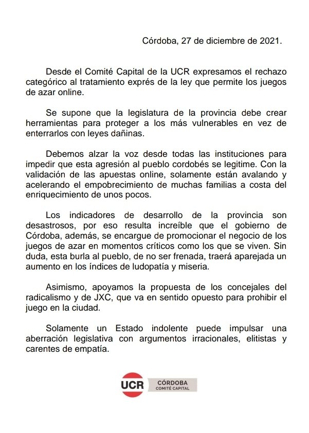 ctecapital's tweet photo. Desde el Comité Capital de la UCR expresamos el rechazo al tratamiento exprés del proyecto de #JuegoOnline en #Córdoba. Nos oponemos categóricamente a que sea aprobado este miércoles en la Legislatura. #NoALasApuestasOnline 👇 https://t.co/4CNBuVcBQq