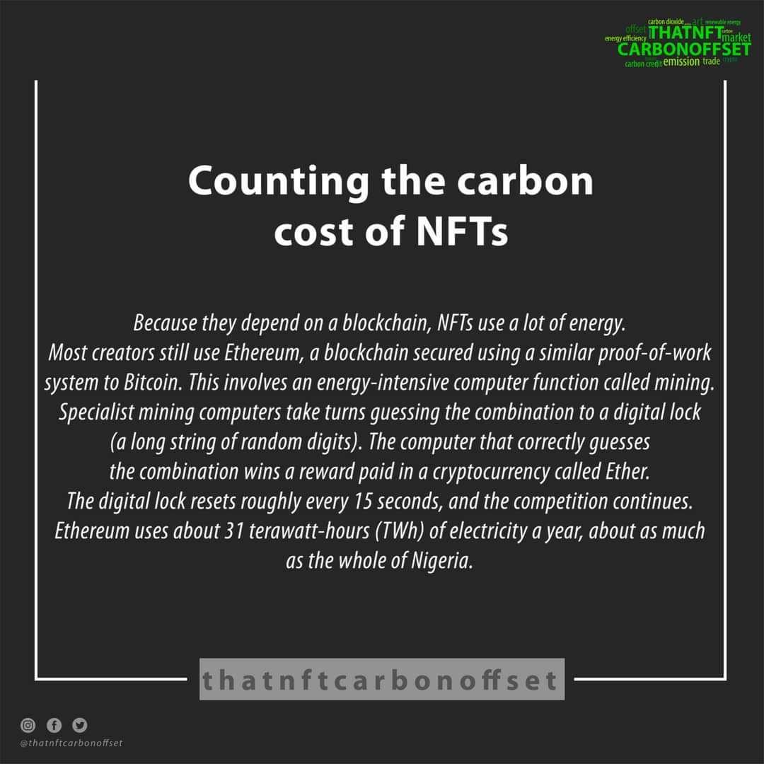 thatnftcarbon's tweet photo. Counting the carbon cost of NFTs
#nft #nftart #cryptoart #cryptoartist #NFTCommunity #digitalart #nftculture #nftnews #metaverse #digitalartwork #cryptocurrency #cryptocurrencies #cryprotraders #CarbonCredit #climatechange #cleanenergy #thatcarbonoffsetcompany https://t.co/FJVbgWclIf