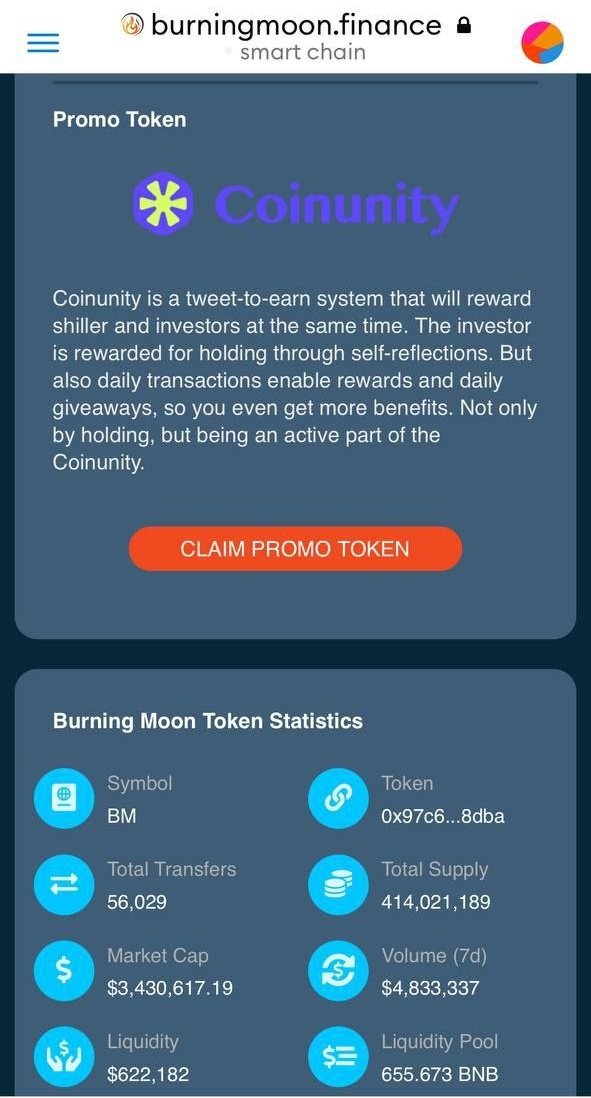 SkullDegenCalls's tweet photo. Hey Coinunity, 
we are glad to be the promo token of the week at #BurningMoon. https://t.co/QGrVKOoo06

If you hold BurningMoon you can claim $CNTY tax free. 🚀🔥🌔

#Coinunity #BSC #coinunitynews
#BNB #Crypto #cz_binance #coinunitytalk https://t.co/SyxY3SzcjG