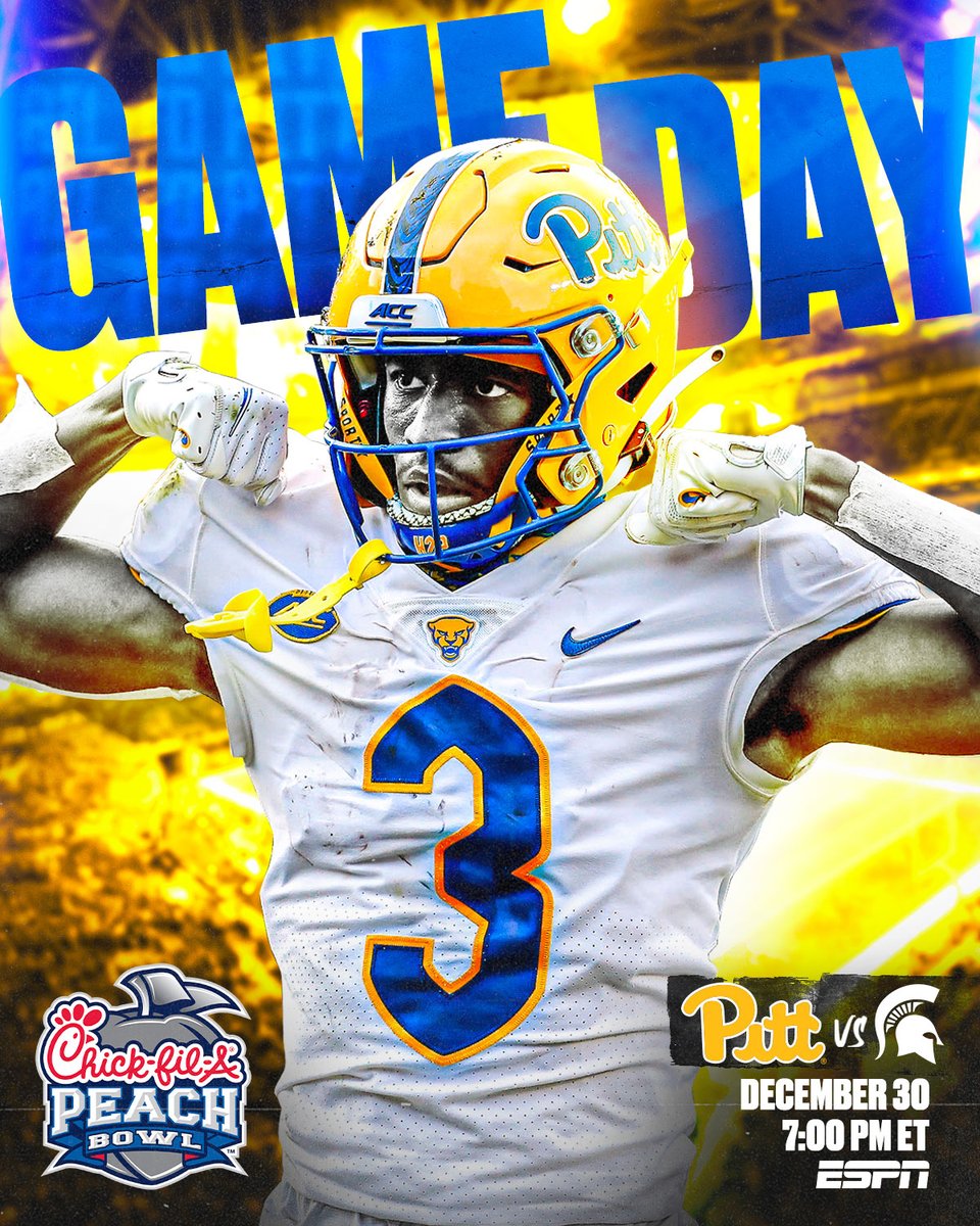 Pitt_FB's tweet photo. GAMEDAY » @CFAPeachBowl 🍑🏆

#12 Pitt 🆚 #10 Michigan State

⏰ 7 p.m.
📺 @ESPN
📻 @937theFan 
🔊 @ESPNRadio
🏟️ @MBStadium 
 
#H2P » #WeNotMe https://t.co/PNQiclveRs