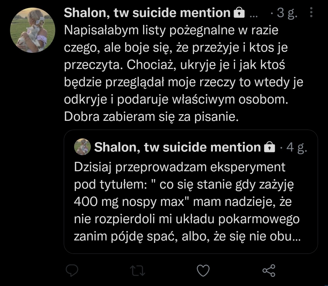 mistiyeo's tweet image. CHLOPAKI PROSZĘ O POMOC. niepokoją mnie tweety tej dziewczyny a nie się na nie odpowiadać i nie wiem czy wszystko jest u niej w porządku więc jeśli ktoś ją zna, bardzo proszę o powiadomienie odpowiednich ludzi! nie chcę aby coś się jej stało, więc błagam rozsyłajcie to dalej!!