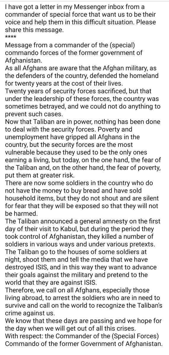 Nafisa_Amini's tweet photo. I have got a letter in my Messenger inbox from a commander of special force that want us to be their voice."Taliban kill us under various pretexts.On the one hand, fear of killing by Taliban and on the other hand, facing poverty,put us at greater risk".
Please share this message. https://t.co/8u0veFknbi