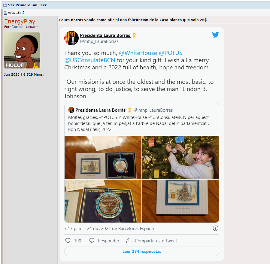 forocoches's tweet photo. Define RIDÍCULO 👇🏻

Laura Borras vende como oficial una felicitación de la Casa Blanca que vale 25$
https://t.co/UdBtxRpDpr https://t.co/F3Gq2y8JX4
