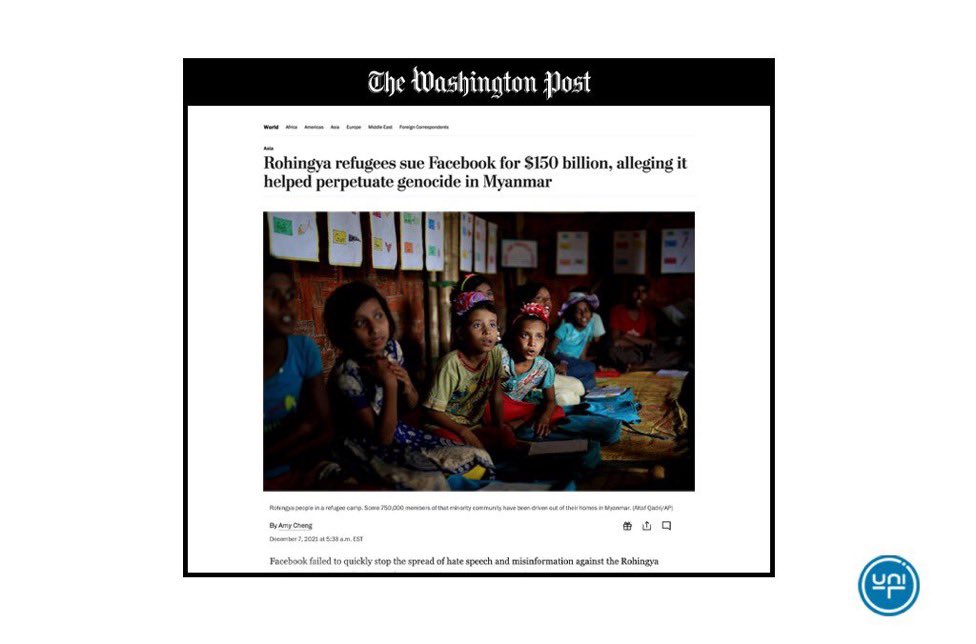 uni_TMedia's tweet photo. The world is watching as FB faces a lawsuit claiming that it was aware of the threat posed by hate speech against the Rohingya Muslims in Myanmar but failed to address it.

At uni-T we believe that media has the responsibility to give diverse, neutral and global perspectives. https://t.co/nQ2GXF4fvE