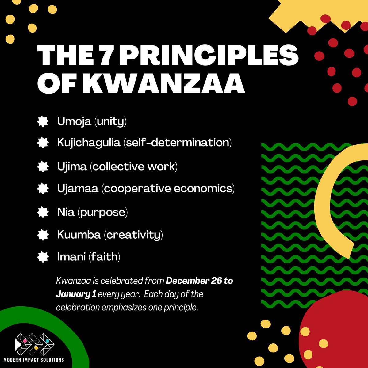 ModernImpactSol's tweet photo. Today is day 2 of #Kwanzaa - On this day we affirm our right to define ourselves, name ourselves, create for ourselves, and speak for ourselves! ✊🏾

Happy Kwanzaa! #kujichagulia #SelfDetermination https://t.co/JNGVwohAFj