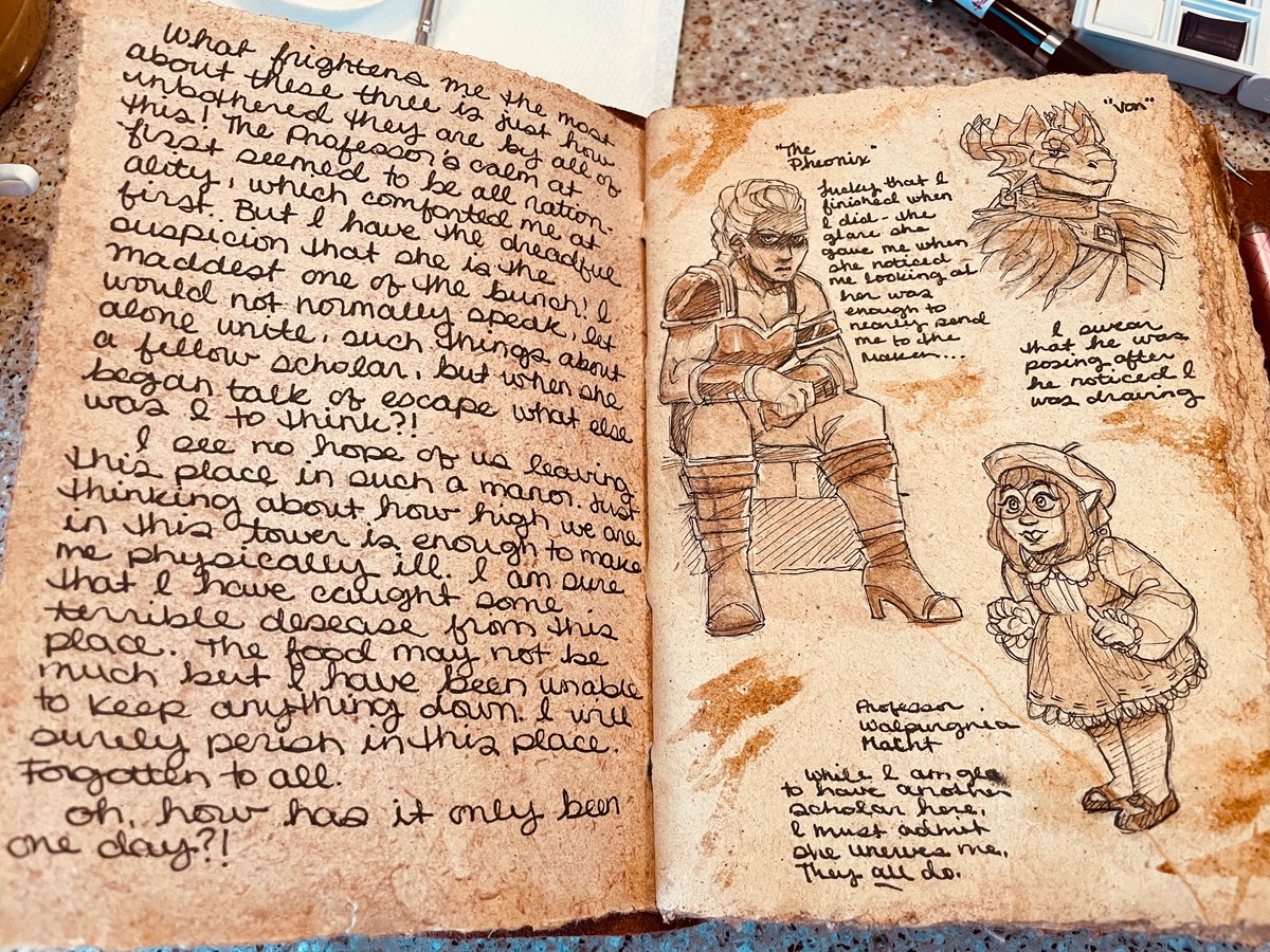 So I started an in-character journal for Nimue and am having WAY too much fun working on it.
And I guess he sketches now 😛