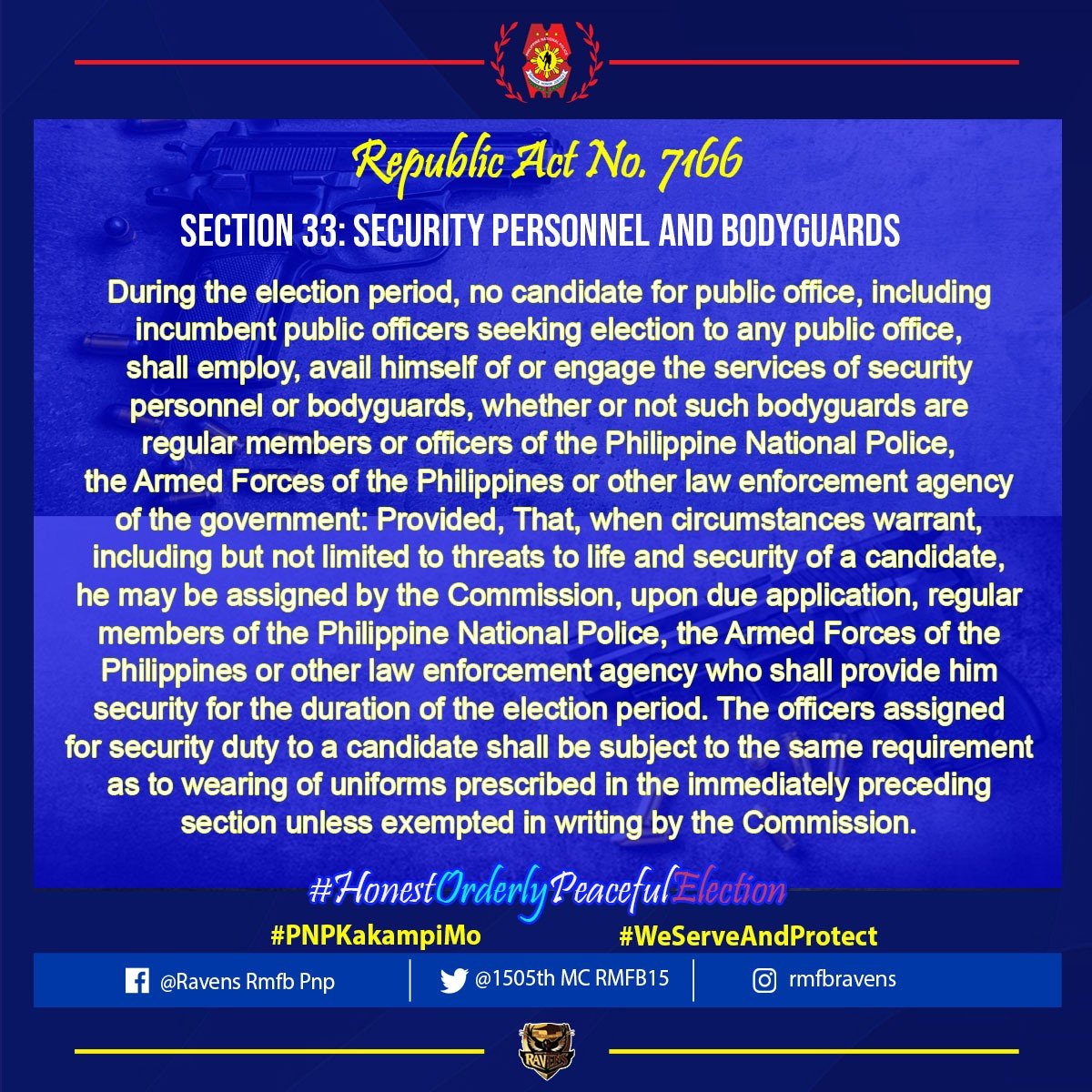 rpsc_procor's tweet photo. Republic Act No. 7166, Section33: Security Personnel and Bodyguards
#RMFB15Cares 
#PNPKakampiMo 
#TeamPNP 
#WeServeAndProtect https://t.co/DJBBbv3jDP
