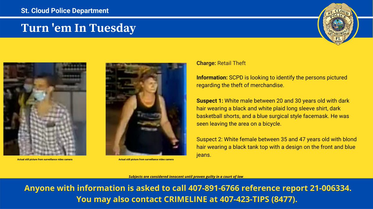 StCloudPD's tweet photo. The St. Cloud Police Department is looking to identify the subjects pictured. If you have any information, please call the number at the bottom of the picture or contact @CrimelineFL at 407-423-TIPS (8477). #tips #turnemintuesday #CrimeLine #scpd https://t.co/pN0jKw6qWe