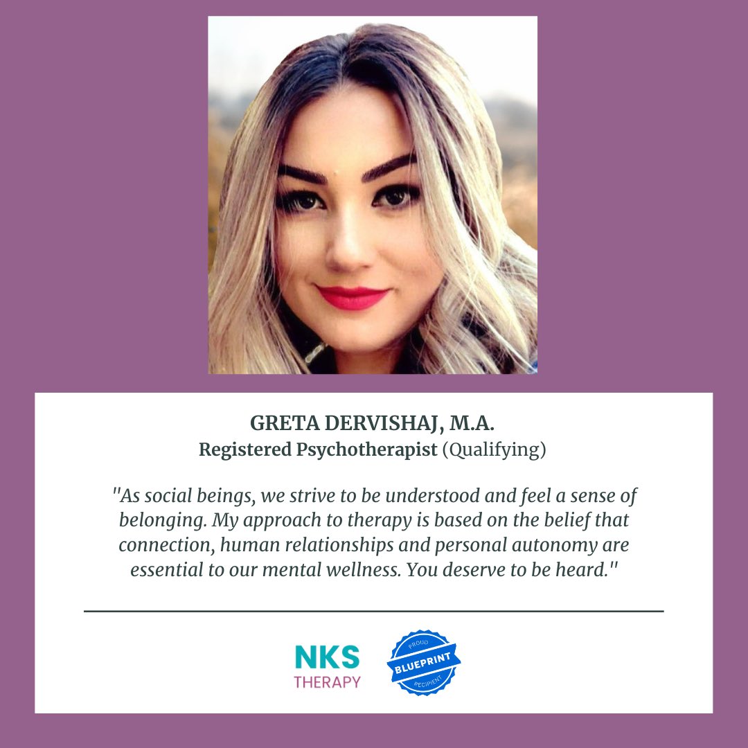 NKSTherapy's tweet photo. Greta Dervishaj is a Registered Psychotherapist and is actively accepting new clients. Visit our website to learn more about Greta and book a free consultation with her! https://t.co/lF5iomSe8N #nkstherapy #onlinecounselling #counselling #therapy #mentalhealth https://t.co/KqDWEq3d9V